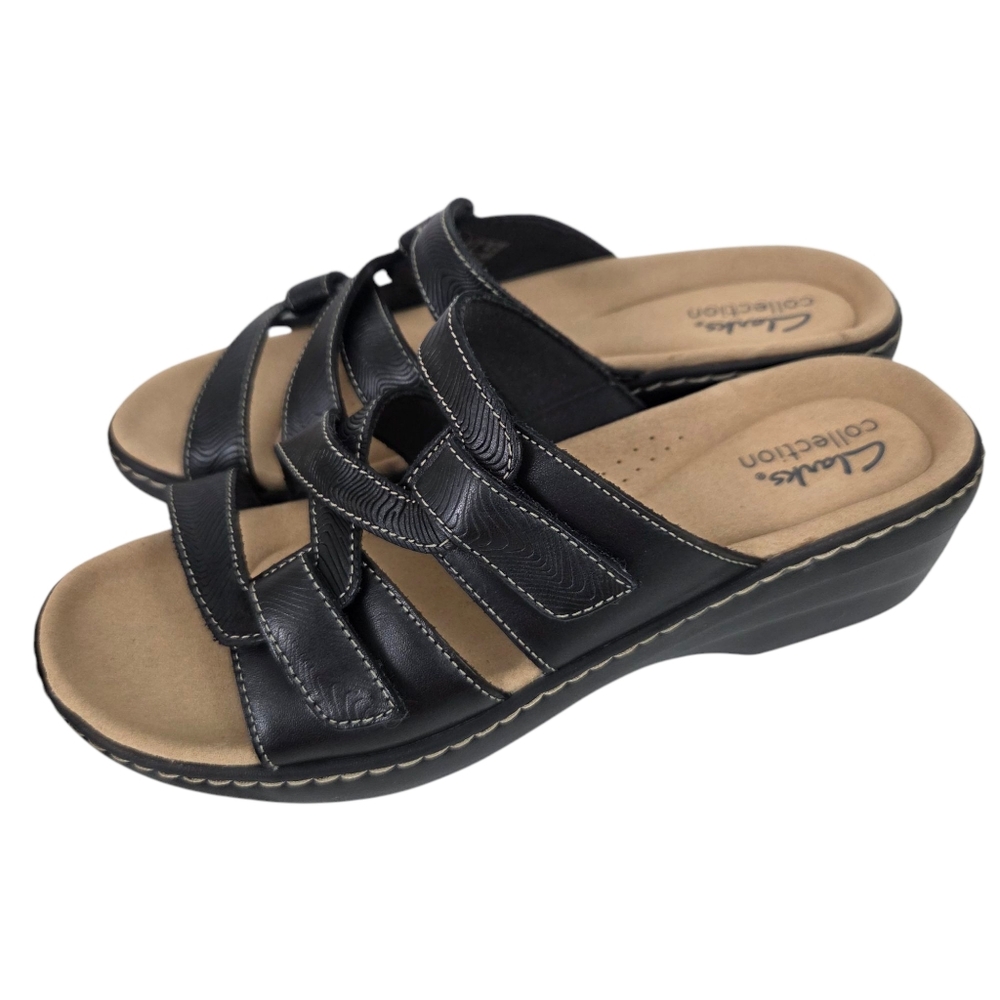 Clarks Merliah Karli Leather Slip On Sandals NEW Black Womens 8 Comfort Mule - Picture 2 of 10